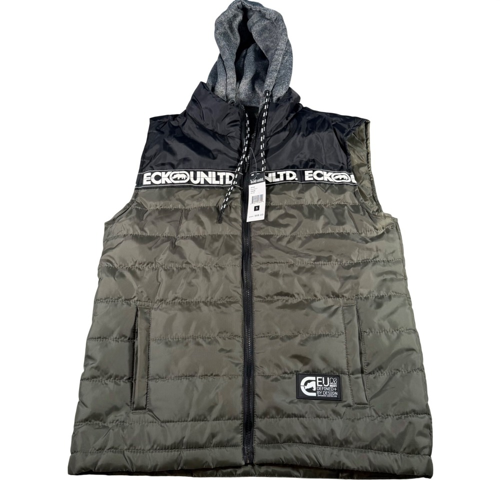 Ecko Unltd Puffer Vest Mens Small Olive Green Black Hooded Logo E0320377 NEW